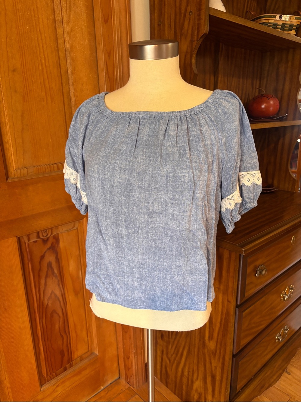 Light Blue Peasant Blouse with Lace Trim - Women Tops petite medium